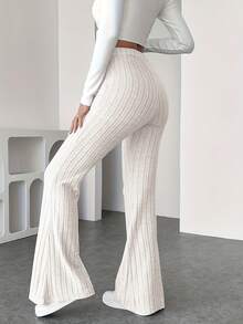 Pantalones acampanados de cintura alta acanalados elegantes para mujer - Diseño de rayas verticales estilizante, elásticos y cómodos, perfectos para uso casual a semi-formal en primavera, verano y otoño