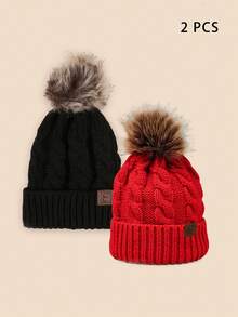 2pcs/Set Unisex Plush Ball Y2K Style Warm & Breathable Knitted Beanie Hats For Casual Wear Christmas Winter Fall - Black - View 4