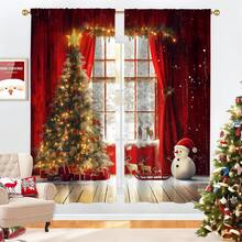 2 Stück Weihnachts-Themen Digital-Bedruckte Vorhänge - Fenster mit roten Vorhängen & einem funkelnden Weihnachtsbaum Innendesign, einfache Stangentasche-Installation, halbtransparenter Polyester - für Wohnzimmer/Küchen/Schlafzimmer/Esszimmer, verleiht Ihrem Zuhause Weihnachtsstimmung