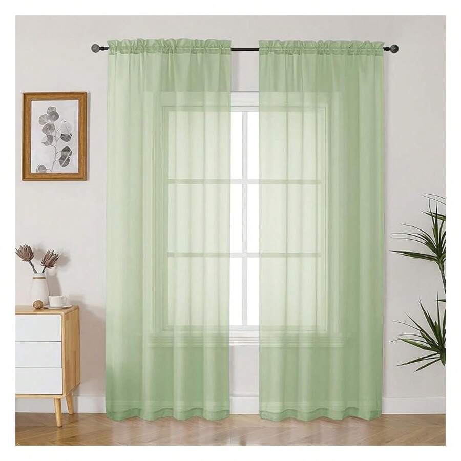 Light Green Sheer Curtains 90 Inches Long 2 Panels Set, Light FilteringFilmy Drapes For Living Room Bedroom, Elegant Soft Rod Pocket Voile Sheer Window Curtains, 42Wx90L Inch, 2PCS - Multicolor 135 - View 1
