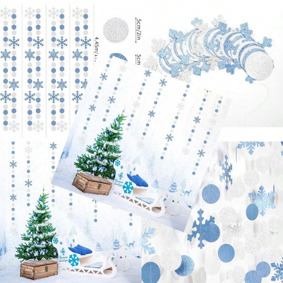 SnowflakeSnow SilverBlue Christmas PartyDecorations Garland 58Ft White Winter Wonderland Frozen Hanging Paper Streamers BannerBirthday Baby Bridal Shower Wedding New Year Supplies Decor Ouruola - BlueSilver - 查看 1