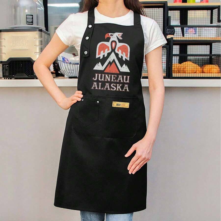 Women's Design Chef Apron - Juneau Alaska Mountain Eagle & Ribbon Detail, Durable Polyester Kitchen Apron With Front Pocket For Cooking, Baking, Grilling, Baking Apparel - 1 cái - Xem 1