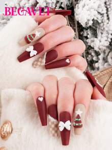 BEGAVET 10pcs Handmade Salon Quality Christmas Press On Nails Super Long Exclusive Design 3D Nails With 3D Charms, Suitable For Parties/Music Festival And Daily Wear - Burgundy - View 2