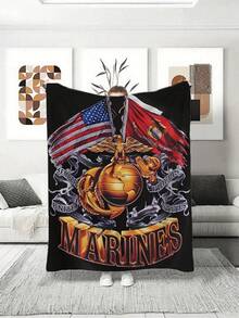 1pc US Marines Eagle Emblem Flannel Throw Blanket - Soft Cozy Patriotic Style - Perfect For Sofa Bed Home Decor - Multicolor - View 1