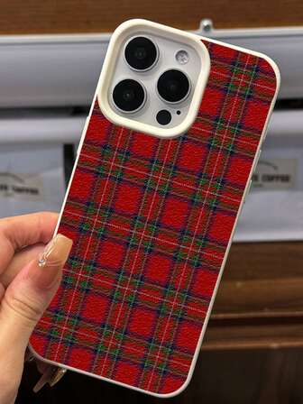 圣诞红色格子图案TPU手机壳，白色皮革纹理软壳，适用于 XR 11 12 13 14 15 16 Plus 17 Pro Max Air系列，适合作为节日礼物送给亲朋好友