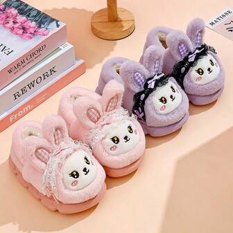 1 Pair Girls Rabbit Cartoon Lace Decor Plush Material Anti-Slip Warm Closed-Toe Cute Thermal Slippers, Suitable For Autumn/Winter Indoor Wear