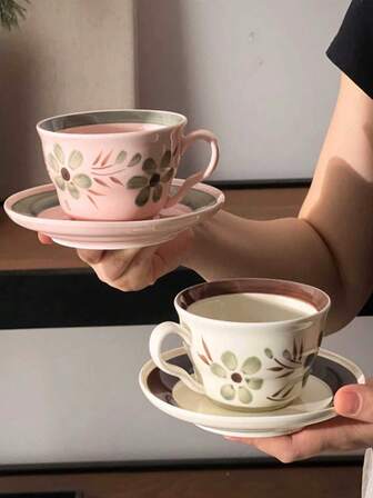 1 st. 225 g keramisk kaffekopp och fatset, olika stilar, lämplig för kaffe, cappuccino, svart tekopp och fatset, eftermiddagste kaffekopp och fat, snackstallrikar, perfekt för fester, festivalpresenter och hemmabruk