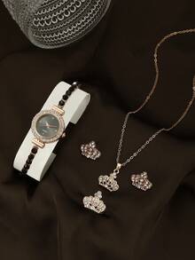 1 pieza Reloj de aleación + Set de 4 piezas de joyería de corona de oro rosa