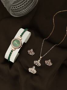 1 pieza Reloj de aleación + Set de 4 piezas de joyería de corona de oro rosa