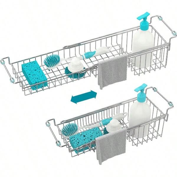 Over The Kitchen Sink Caddy Sponge Holder Organizer Drying Rack Expandable For Sponge Brush Soap Dish Cloth Rag 14.5" To 22" Stainless Steel