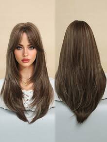 Elegant-24 Inch Layered Brown Highlights Wigs For Women,Long Straight Wigs With Curtain Bangs, High Density Fluffy Synthetic Heat Resistant Fiber Hair Wig For Daily Party Wear, Music Festival Party Use - 挑染棕色 - 查看 4
