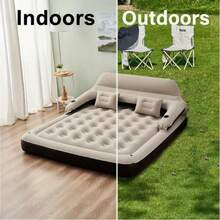 Colchón inflable de aire para 2 personas con superficie flocada y almohadas - Sofá cama rectangular para camping, invitados en casa, estancia nocturna - Uso portátil en interiores/exterior, no necesita electricidad, colchón inflable, solución para dormir invitados, decoración moderna de dormitorio, tela duradera - Gris - Ver 1