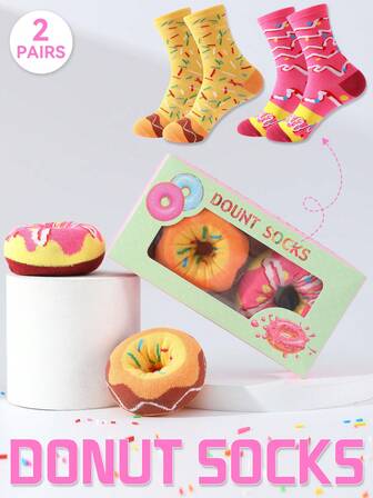 两双甜甜圈图案袜子，适合日常生活和户外运动，优质加厚秋冬男士袜子，趣味几何条纹印花女士中筒袜，独特的节日甜甜圈礼盒套装设计长袜，适合万圣节/圣诞节/生日派对/情人节/周年纪念日及各种节日创意礼物，送给朋友/家人/爱人的趣味惊喜袜子
