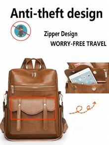 Elegant Retro College Style Backpack - Interpreting The Eternal Aesthetics Of Urban Commuting, Crafted With Premium PU Leather, Presenting A Delicate Matte Crinkle Texture, Soft Yet Durable And Wear-Resistant. Gold-Tone Zipper Pulls Accent The Main Compartment, Top Handle, Adjustable Wide Strap, Supports Hand-Held Or Backpack Carry, Multi-Compartment System - Multicolor - View 6