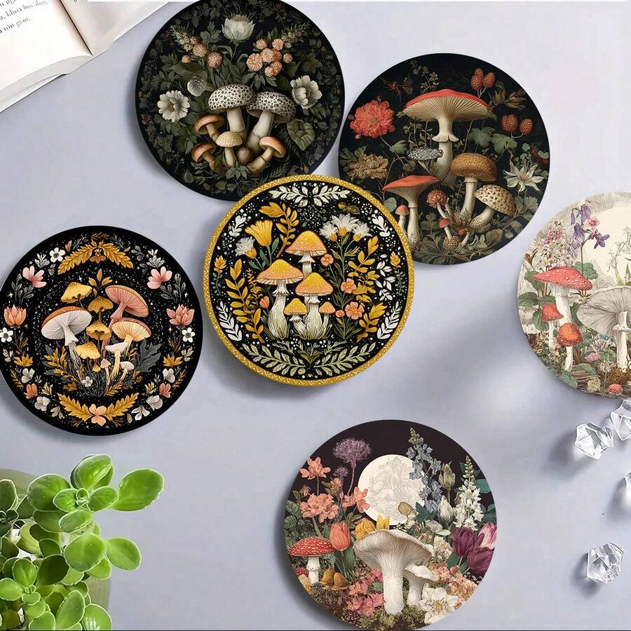 4 cái/6 cái/300 cái Đế lót ly bằng bùn tảo cát in họa tiết nấm và hoa nhiều màu sắc thích hợp để trang trí nhà cửa, quán cà phê, trà chiều, trang trí nhà hàng, tiệc theo chủ đề, trang trí hàng ngày và cũng có thể làm quà tặng - Nhiều màu - Xem 1