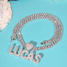 Customized Heart-Shaped Bubble Letter Pendant, Brass Cubic Zirconia DIY Nameplate Hip Hop Necklace, Couple Daily Wear Jewelry, Comes With Braided Chain - 愛心頭小字母 - 查看 3