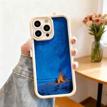 Cubierta de teléfono con borde negro azul estrellado con tienda de campaña iluminada en la playa para uso diario y viajes - Blanco - Ver 2