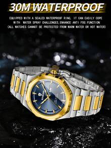 BINBOND B860 Business Watch Men's Watch 30M Waterproof Calendar Date Function Rhinestone Stainless Steel Watchband Male Quartz Watch - Gold - View 7