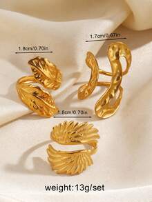 3pcs Stainless Steel Minimalist Feather Wing Ring Set, Suitable For Women's Daily And Party Wear - Multicolor - View 2