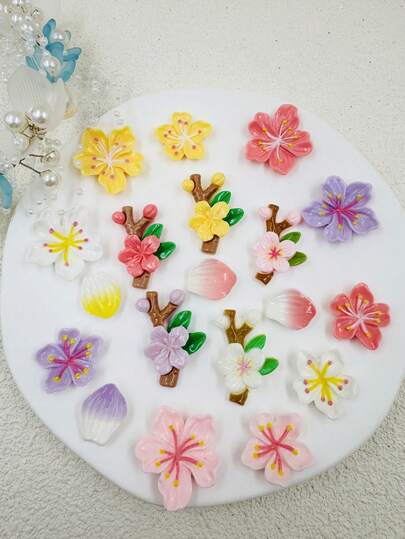 19pcs/Set Colorful Painted Flower, Petal, Branch, Spring Sakura Lovely Charming Versatile DIY Detachable Shoe Clips For Shoe Decoration
