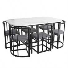 Six-Chair Dining Table Set: (White Table, Chairs With Backrests And Gray Cushions, Black Iron Frame), Dining Room Table And Chair Set, Modern Dining Table Combination (Previous Sku: 308399408AAS) - Black - View 9