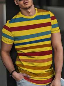 2025 Vintage Striped Digital Print Pattern Men's Round Neck Mesh Fabric Short Sleeve T-Shirt, Street Style - Yellow - View 5
