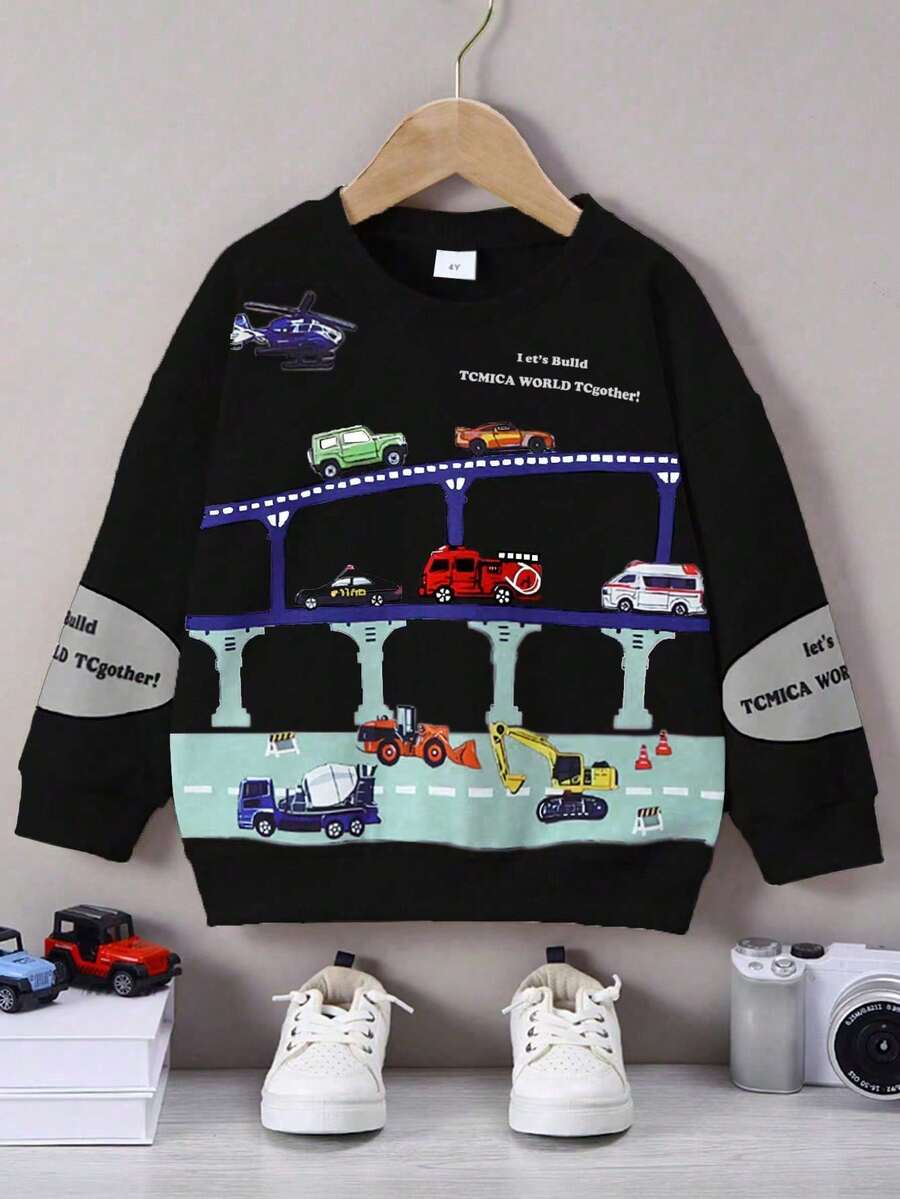 1pc Boys' Casual English Car Graphic Long Sleeve Sweatshirt, Autumn/Winter - Black - View 1