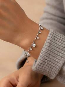 1pc Sparkling Heart Bracelet, 925 Sterling Silver Luxury Chain Bracelet, Exquisite Jewelry, Friendship Gift For Sisters - Style 1 - View 2