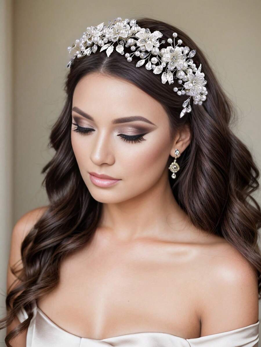 1pc Handmade Rhinestone & Pearl Bridal Headband, Silver Metal Women's Wedding Hair Accessory, Bridesmaid Gift - 銀色 - 查看 1