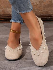 Niche Design Round Toe Pearl Low Vamp Flats Women, 2026 Spring/Summer New Casual Ballet Shoes