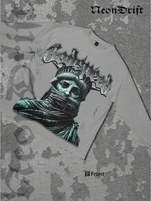 NeonDrift Double-Sided Printing Happy New Year 2026, Christmas, Thanksgiving Gifts-Statue Graphic Long Sleeve T-Shirt: Cyberpunk Style Design For Tech Enthusiasts - Unique Artwork,  Fashion, Perfect For Festivals And Events - 淺灰色 - 查看 2