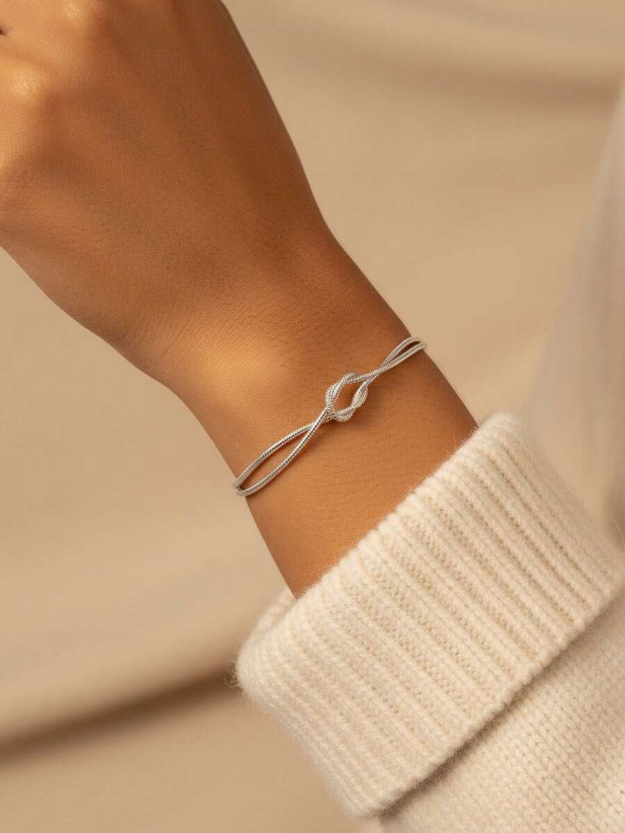 1pc Elegant Knotted Snake Bone 925 Sterling Silver Chain Bracelet, Jewelry Gift For Sisters And Friends - Style 1 - View 1