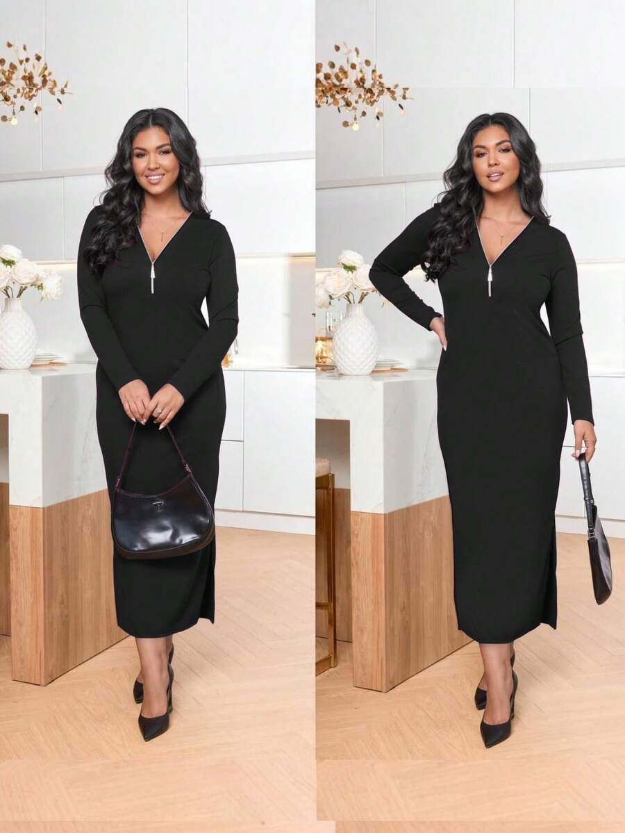 黑色优雅连衣裙，长袖，适合春夏各种场合，可机洗涤纶混纺面料，带拉链，开衩裙摆。 - 黑色 - 查看 1