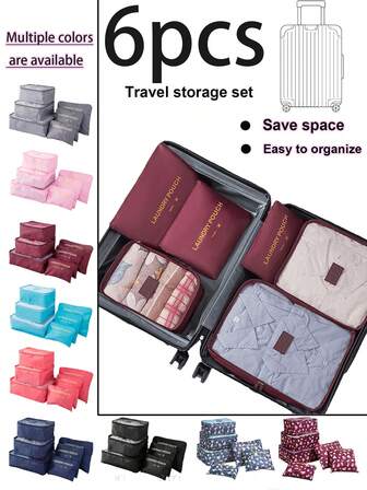 6件套便携式旅行收纳袋，可折叠行李收纳袋，多功能收纳袋，包括：洗漱包、压缩收纳袋、化妆包、鞋袋、压缩袋，是季节性衣物收纳的必备品，也适用于收纳化妆品、护肤品、彩妆、珠宝、文具、电子产品等，是节日、女士、圣诞节等场合的理想礼物。