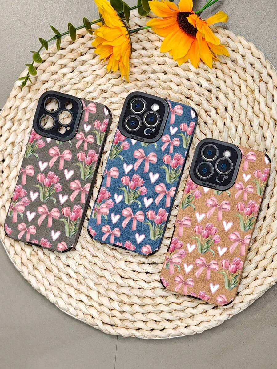 Charmante Handyhülle mit Tulpenschleife und Herzmotiv, romantische ästhetische Blumenhülle, süßes Schutzaccessoire für Frauen, stoßfest, schmale Passform, kompatibel mit iphone16 pro max/16pro/16plus/16/15promax/15pro/15plus/15/14promax/14pro/14plus/14/13promax/13pro/13/12promax/12pro/12/11promax/11pro/11/X/XS/XSmax