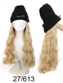 时尚百搭的女士长卷波浪耐热合成假发，蓬松针织帽假发套装，适合日常佩戴 - 彩色 - 查看 9