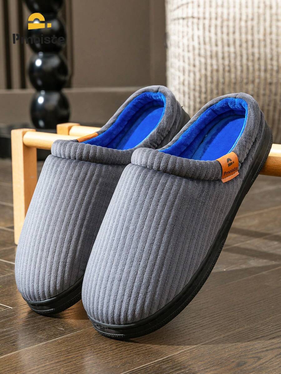 Pmoiste 男士灯芯绒条纹家居拖鞋，毛绒记忆棉，冬季室内保暖防滑家居拖鞋，2025 新款，男女通用，均码，灰色