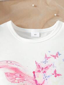 2pcs/Set Young Girls Cute Fashion Skirt Set, Round Neck Cap Sleeve, Butterfly Print Pattern, Butterfly Net Skirt, Girls Elegant Casual Outfit, Summer - Watermelon Pink - View 2