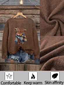 Women's Casual Warm Faux Wool Cow Print Sweater, Warm, Christmas Gift, Chinese New Year, Lunar New Year, Year Of The Horse, Spring Festival, Happy New Year, Valentine's Day, Back To School Clothes, School Outfit Ideas, Back To School Essentials, First Day Of School Outfit, Back To School Outfits 2026 - Brown - View 2