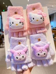 SANRIO 1 Pair Hello Kitty Cartoon Plush Gloves, Autumn/Winter Windproof And Warm Flip-Top, Cartoon Student Outdoor Warm Fuzzy Gloves, Suitable For Autumn/Winter - Multicolor - View 4