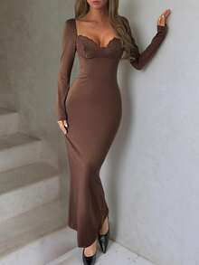 Women's Solid Color Fitted Long Sleeve Lace Dress - Brown - View 1