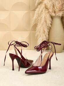 女士尖头漆皮系带高跟鞋，性感办公室鞋 - 酒紅色 - 查看 4