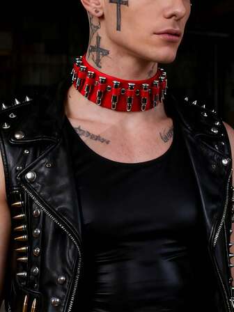 Red Punk Collar Harness Men Woman Goth PU Leather Necklace Harajuku Wear Adjustable Neck Accessories
