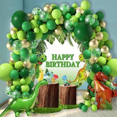 Zestaw 103 łuków balonowych z motywem dinozaurów, zawiera balony foliowe z motywem tyranozaura i brachiozaura w połączeniu z zielonymi balonami, idealne na urodziny dla dzieci o tematyce prehistorycznych dinozaurów, baby shower, szkolne wydarzenie, wystrój na zewnątrz, ceremonię ukończenia szkoły