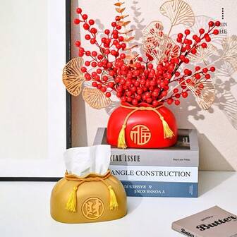 1个东方风格纸巾盒，采用传统中国图案设计，饰有流苏，适用于客厅、卧室和办公室的纸巾架。