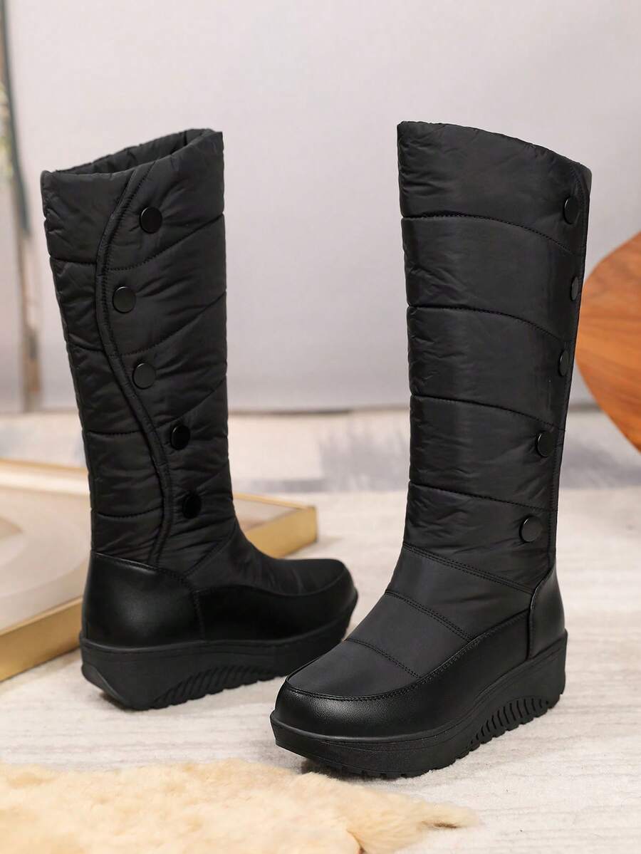 Women's Fuzzy Faux Fur Winter Snow Boots Fashion Platform Wedges Heel Pull On Waterproof Casual Comfy Knee High Boots Woman - Đen C - Xem 1