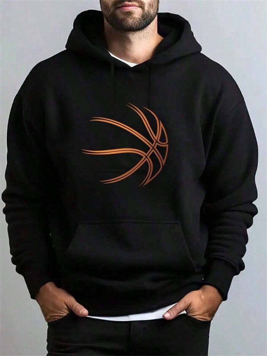 "Basketball" Printed Men's Graphic Hoodie - Comfortable Casual Pullover With Eye-Catching Design, Hooded Sweatshirt For All Seasons, Complete With Handy Pocket - Gift Choice For Valentine And Christmas Day,Street Wear,Mens Hoodies,Y2k Clothes,Jesus Hoodie,Thanksgiving Day,Nightmare Before Christmas,Christmas - 黑色 - 查看 1