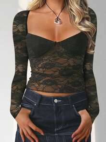 Women's Y2k Floral Lace Crop Tops Long Sleeve Square Neck See Through Mesh Shirt Fairy Grunge Going Out Blouse Clubwear Coquette Aesthetic Clothes - 黑色 - 查看 3