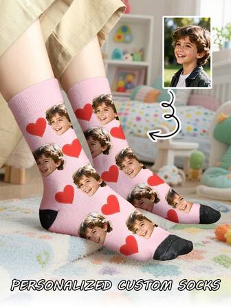 1 Pair Of Customized Face Children's Mid Tube Socks, Put Any Face On Socks,Boy And Girl, Personalized Socks For With Photos, Interesting Customized Picture Pairs With Medium To Long Socks, Suitable For Valentine's Day, Birthdays, Gift Giving