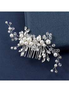 Elegant Handmade Faux Pearl Hair Comb With White Crystals, Perfect Hair Accessory For Party And Wedding Valentine's Day Accessories - Silver - View 2